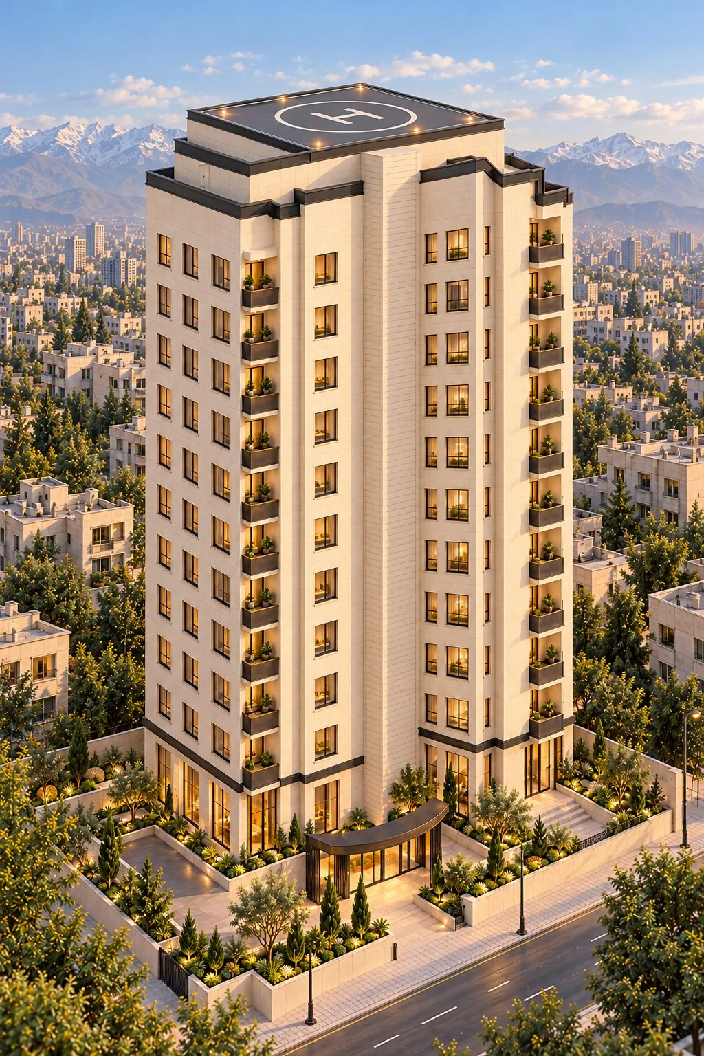 برج در روز، از گوشهی خیابان.